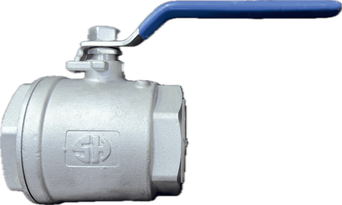 SH VALVES 2PC screwed end stainless-steel ball valve with blue lever handle, side view