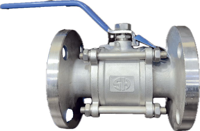 SH VALVES 3PC flanged stainless-steel ball valve with bolted body and blue lever handle, side view